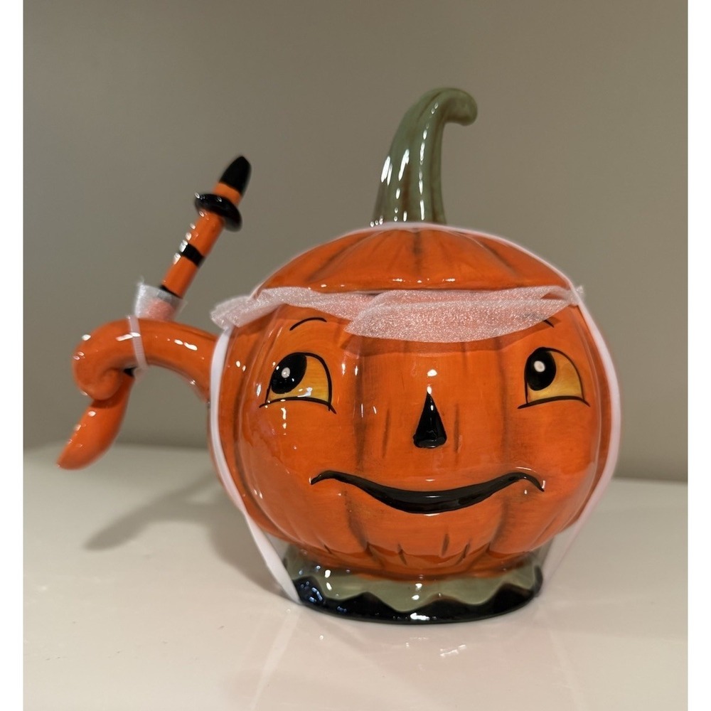 Johanna Parker Halloween Pumpkin Jack-O-Lantern Ceramic Candy Sugar Bowl Lid~NEW